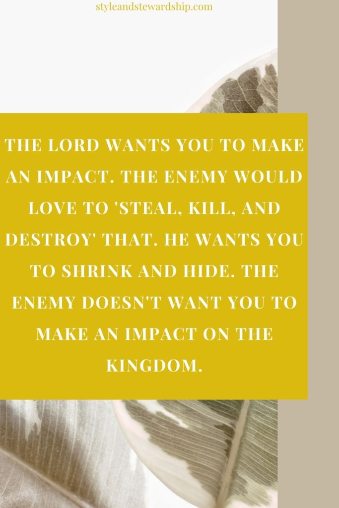 styleandstewardship.com The Lord wants you to make an impact and the enemy would love to "steal, kill, and destroy" that. He wants you to shrink and hide. The enemy doesn't want you to make an impact on the Kingdom.