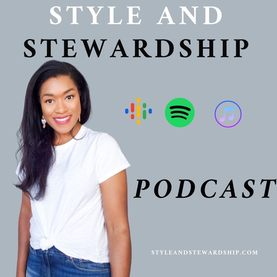 Style And Stewardship Podcast Woman Standing and smiling next to podcast app icons