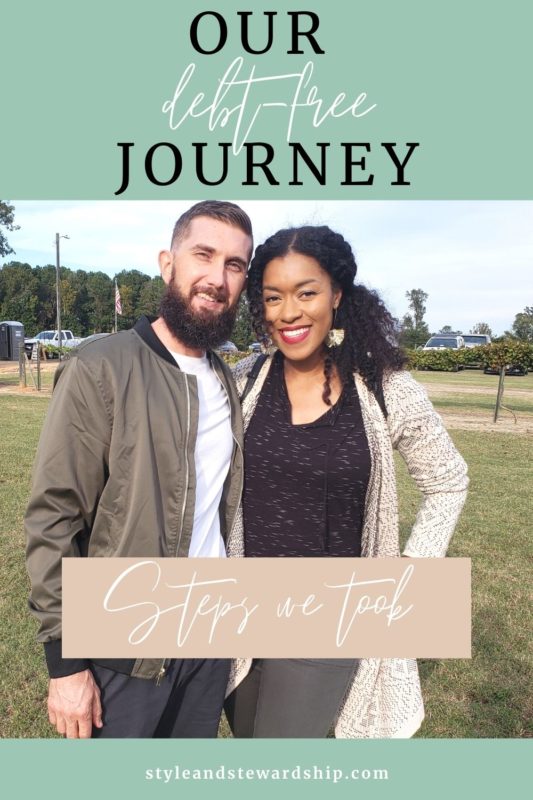 Our debt-free journey steps we took title with a picture of a Man and Woman standing outside and smiling