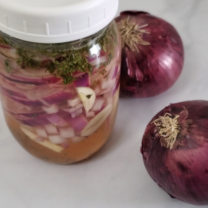 glass jar with liquid and slices of red onions layered with herbs on a counter with two whole red onions beside it
