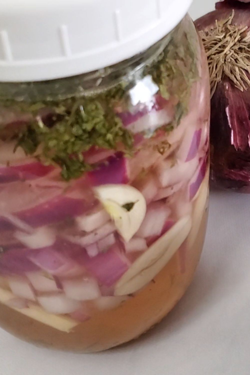 glass jar with liquid and slices of red onions layered with herbs on a counter with two whole red onions beside it style and stewardship dot com