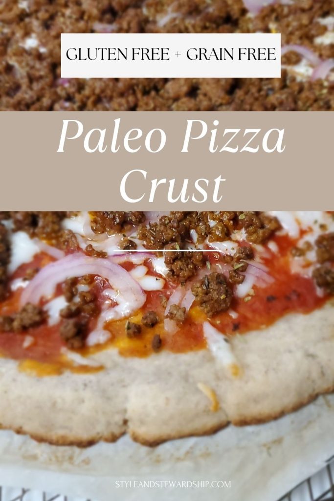 Paleo gluten-free and grain-free pizza with red sauce, cheese, beef crumbles, and red onions