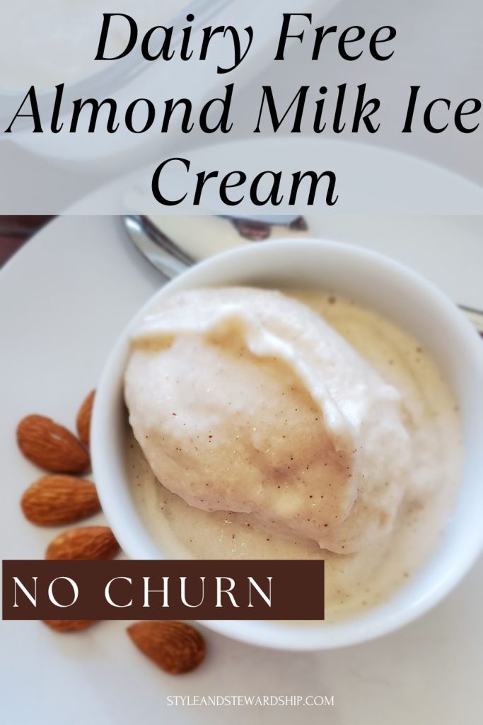Dairy-free almond milk ice cream no no-churn. White plate with a small white bowl with whole almonds on one side. Two scoops of dairy free ice cream in a small white bowl
