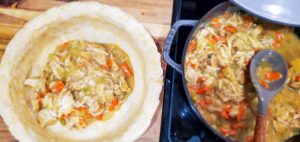 chicken, celery, carrot and creamy filling pictured next to a partially filled pie crust