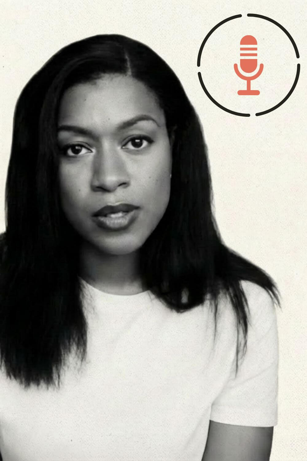 Woman with a beige background tilting her head to the side and an image of a microphone